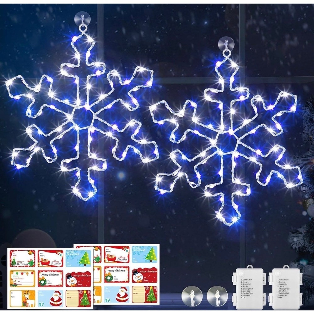 Hiboom 2 Pack 12 Inch Snowflake Christmas Window Lights LED 8 Modes Blue White